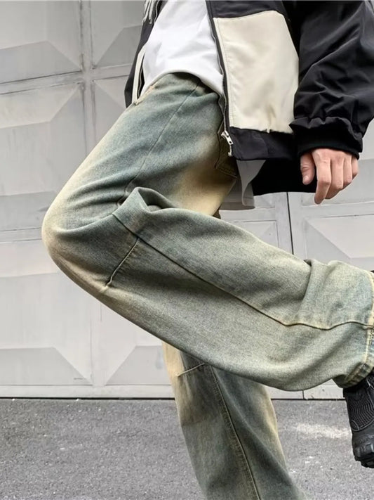 Rough Ripped Vintage Wash Wide Leg Jeans