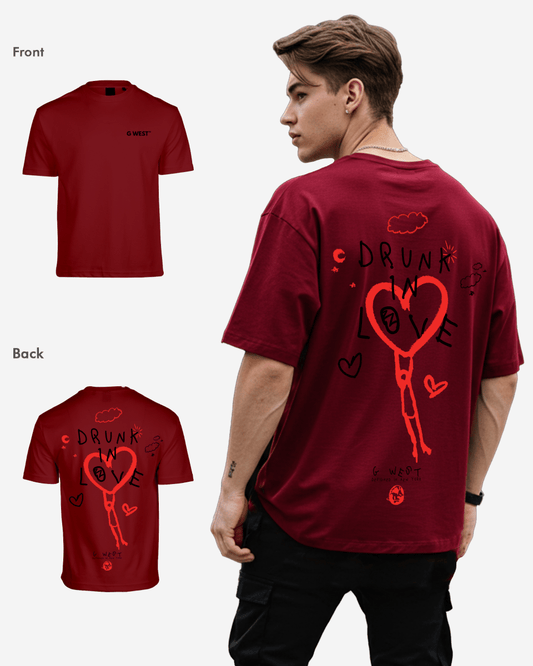 Back view of the burgundy oversized t-shirt with graphic print and short sleeves.
