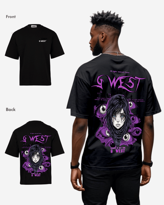 Back view of the black oversized t-shirt featuring a purple graphic