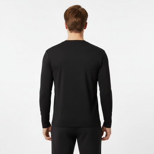 Back view of the black long sleeve shirt on a white background