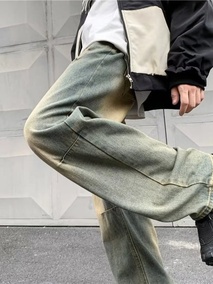 Rough Ripped Vintage Wash Wide Leg Jeans