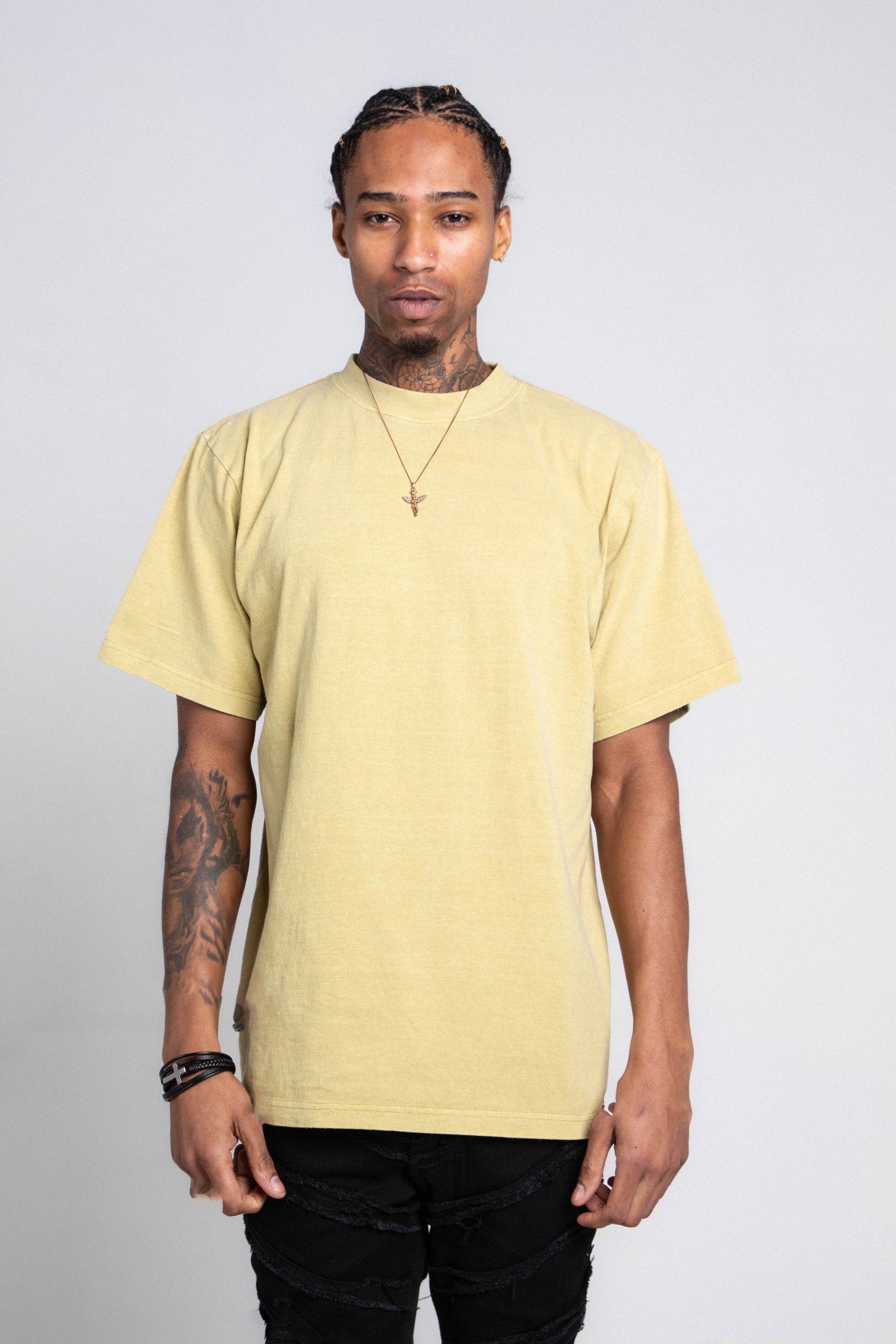 Pastel Heavy Cotton Tee in yellow, front view with short sleeves and crew neck.