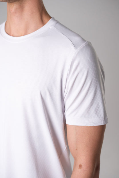 Back view of the white Alive Strong Tee featuring short sleeves.