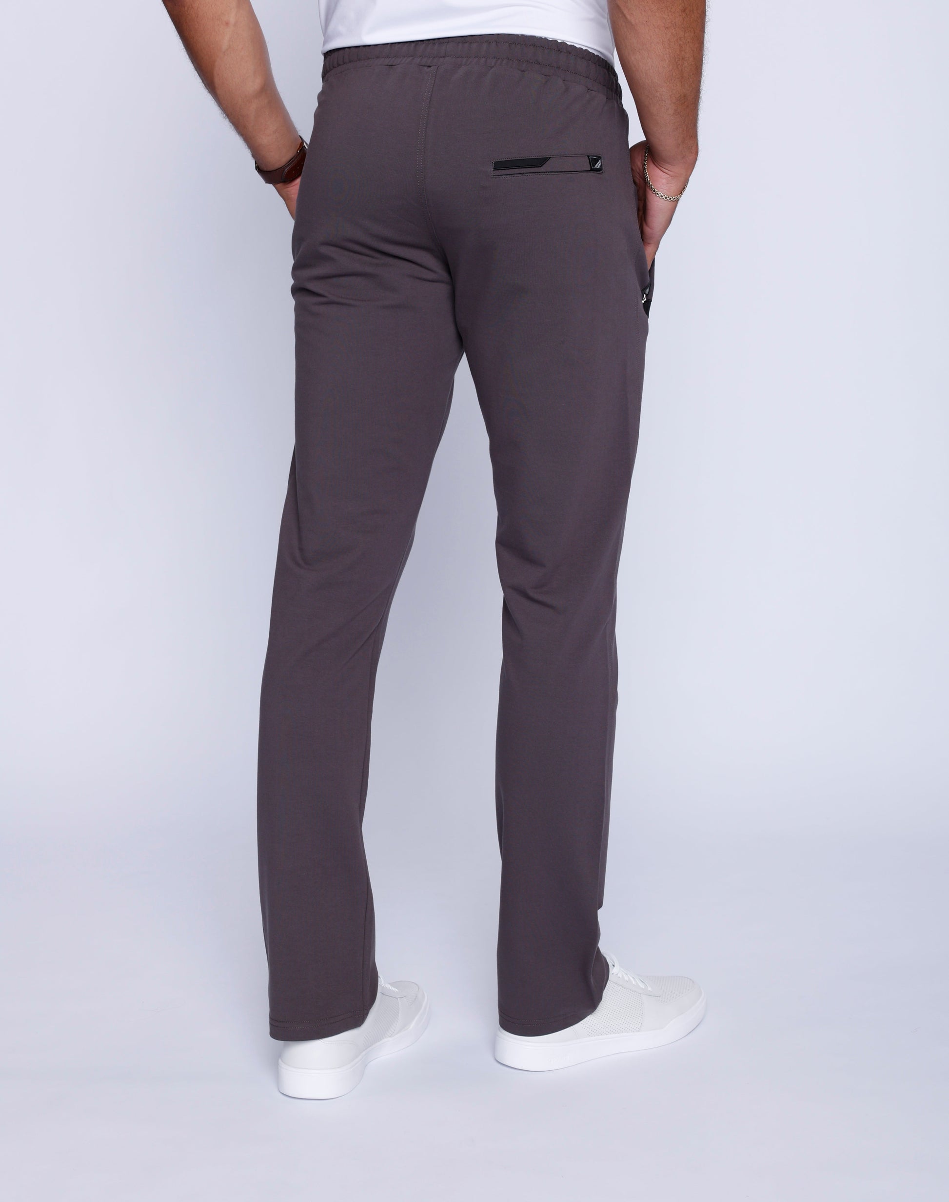 Front view of charcoal athletic pants featuring a straight fit and premium loungewear design.