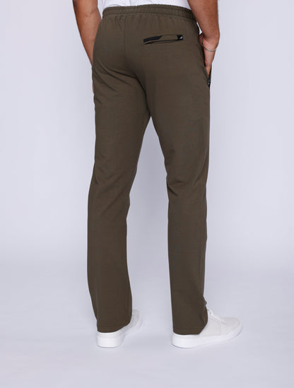 Back view of dark khaki straight leg pants with a back pocket.