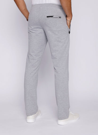 Front view of grey athletic pants with back pockets and elastic waistband.