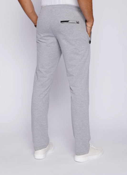 Front view of grey athletic pants with back pockets and elastic waistband.