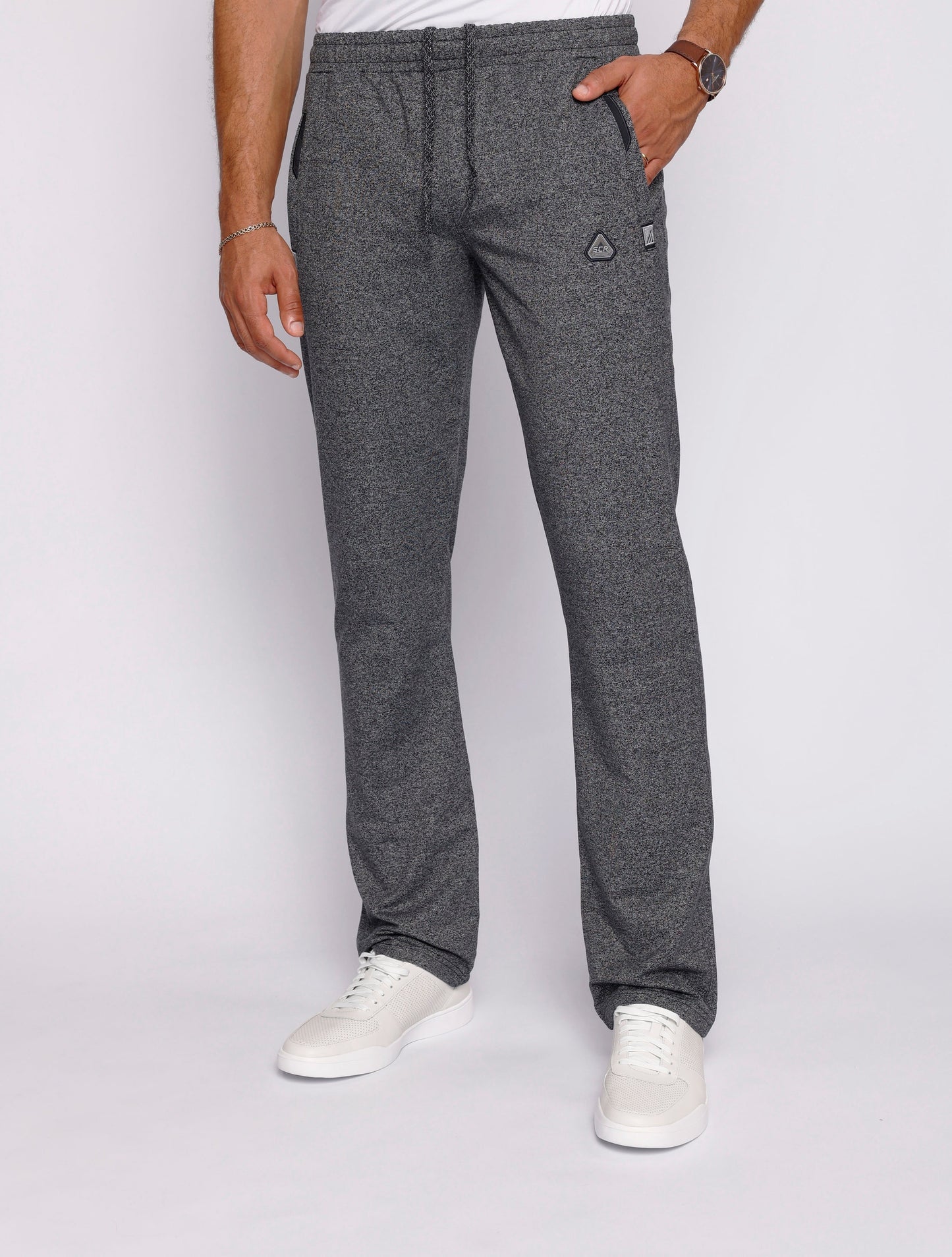 Front view of gray tall fit sweat pants with an elastic waistband.