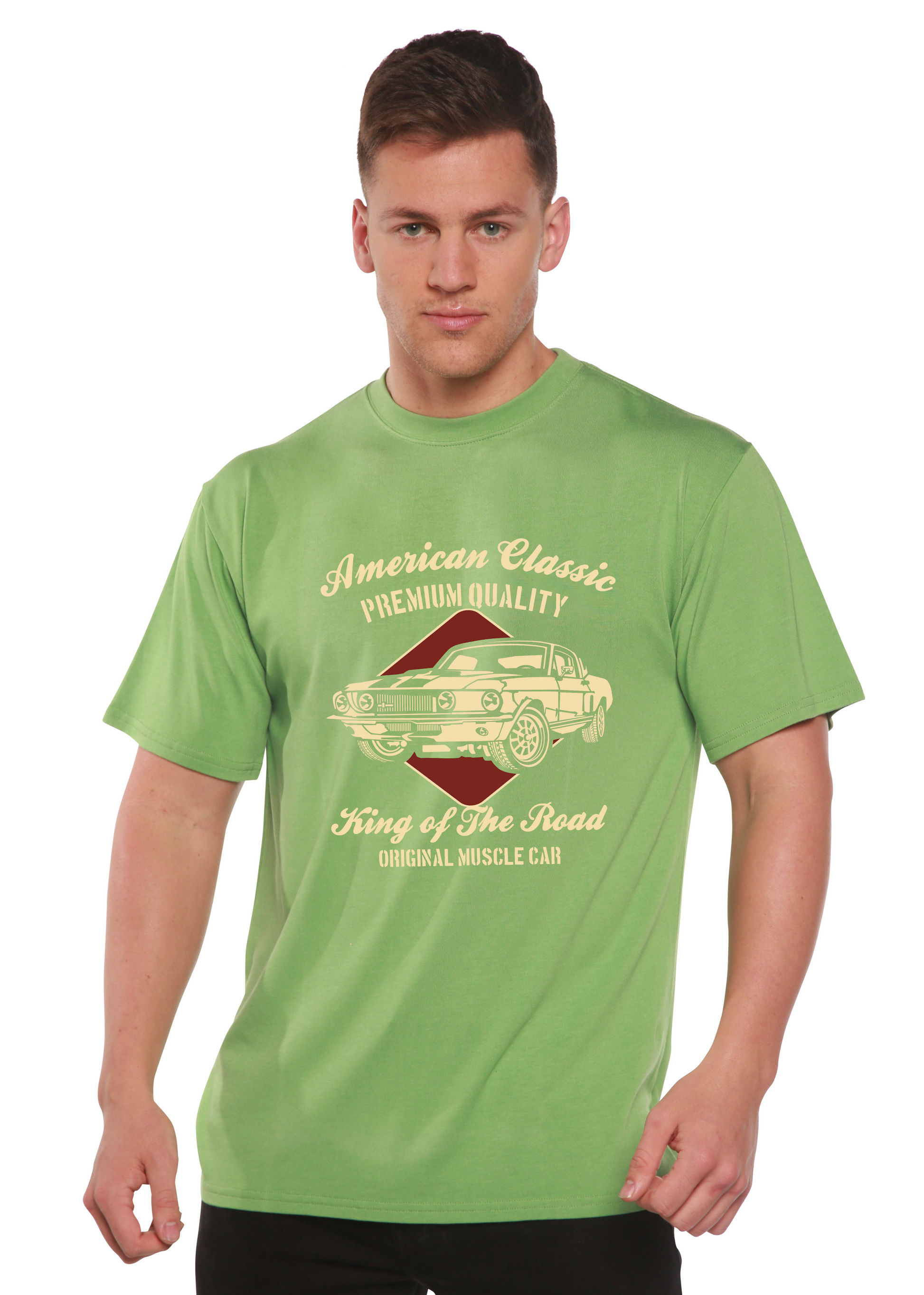 Lifestyle shot of the green graphic t-shirt with gold print.