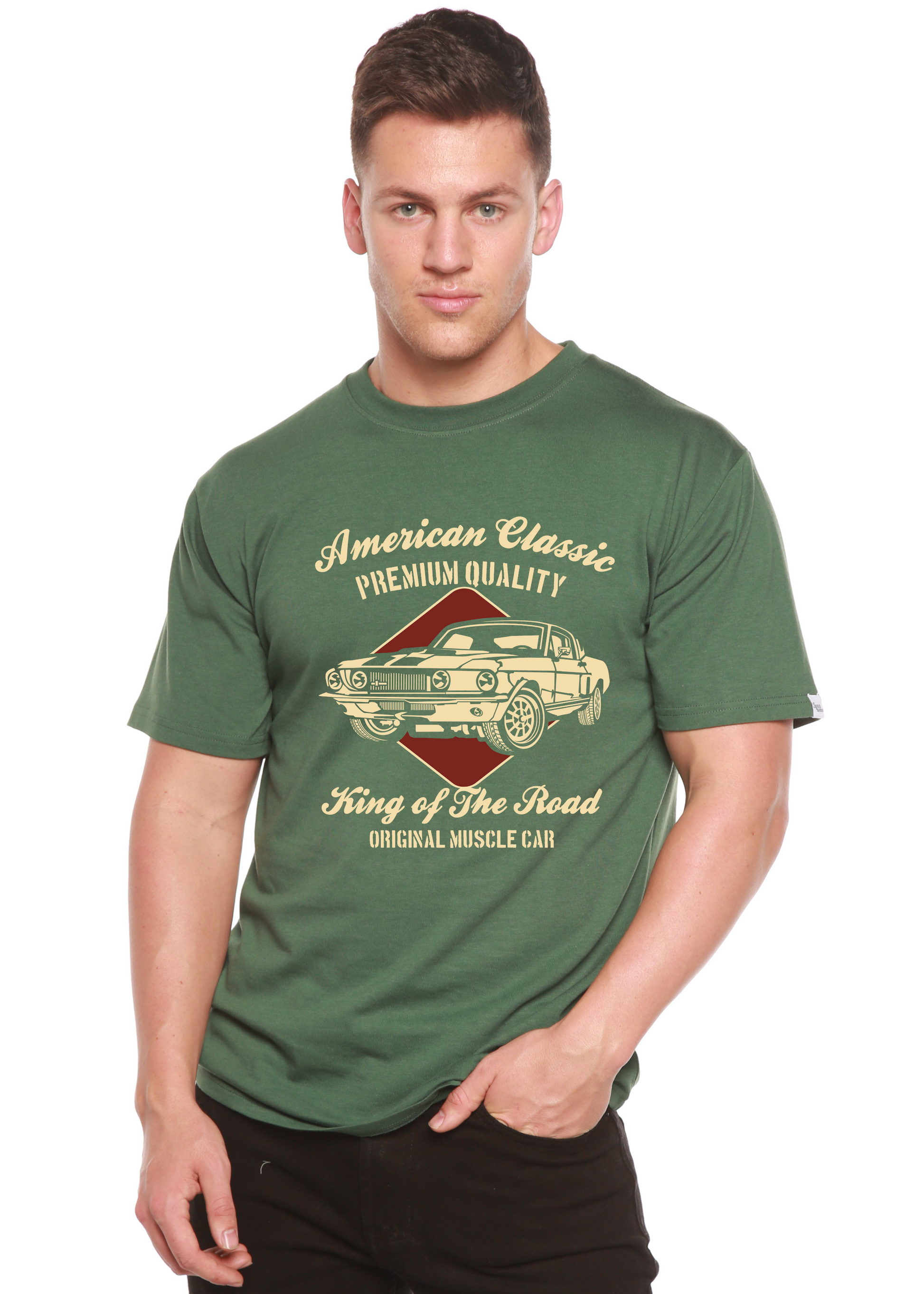 Lifestyle shot of the green graphic t-shirt with gold print.