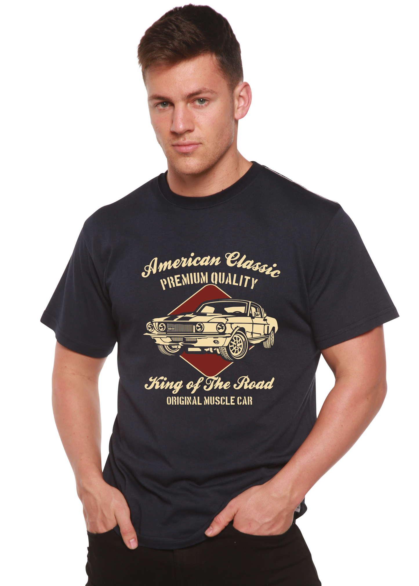 Lifestyle shot of the navy graphic t-shirt with gold print.
