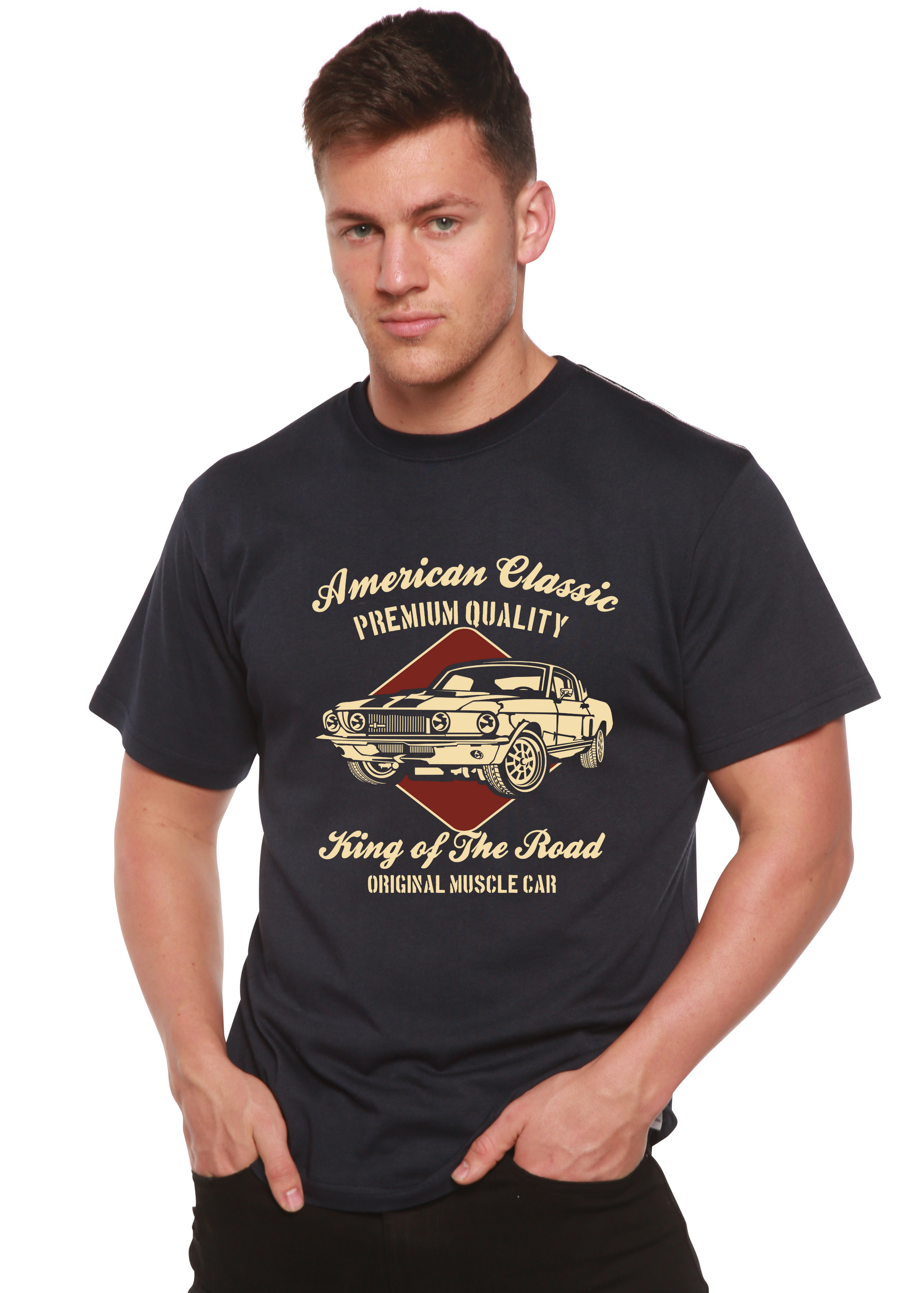 Lifestyle shot of the navy graphic t-shirt with gold print.