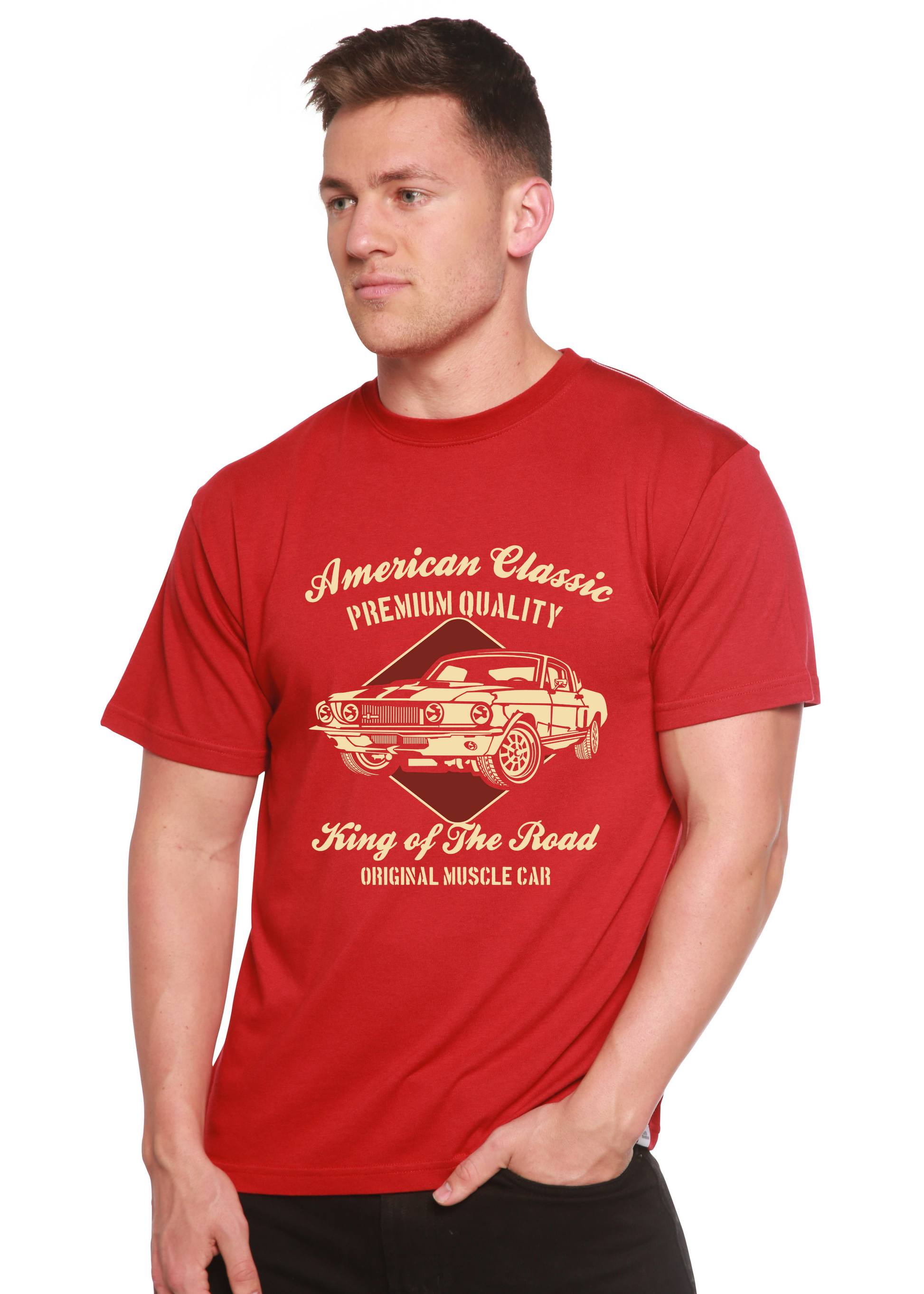 Lifestyle shot of the red graphic t-shirt with gold print.