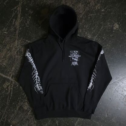 Front view of the black hoodie showcasing the graphic print and hood