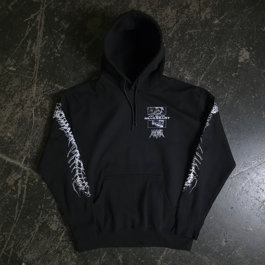 Front view of the black hoodie showcasing the graphic print and hood