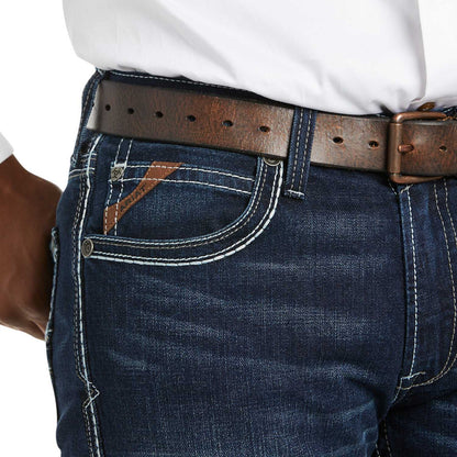 Ariat M5 Slim Stretch Coltrane jeans in blue, back view showcasing back pockets.