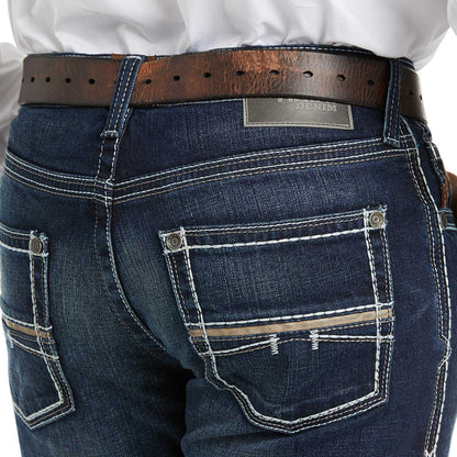 Ariat M5 Slim Stretch Coltrane jeans in blue, back view highlighting stretch fabric.