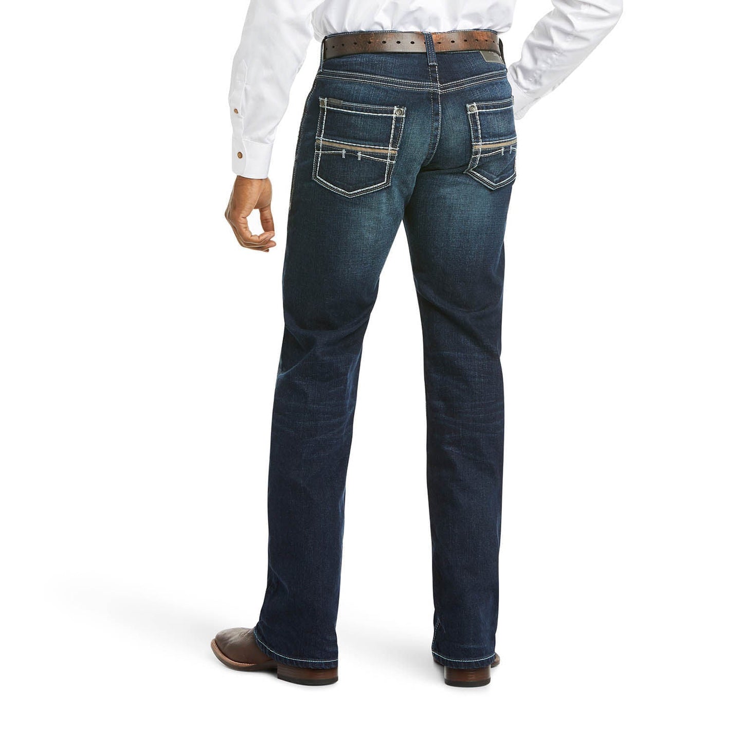 Ariat M5 Slim Stretch Coltrane jeans waistband detail with belt loops and contrast stitching.
