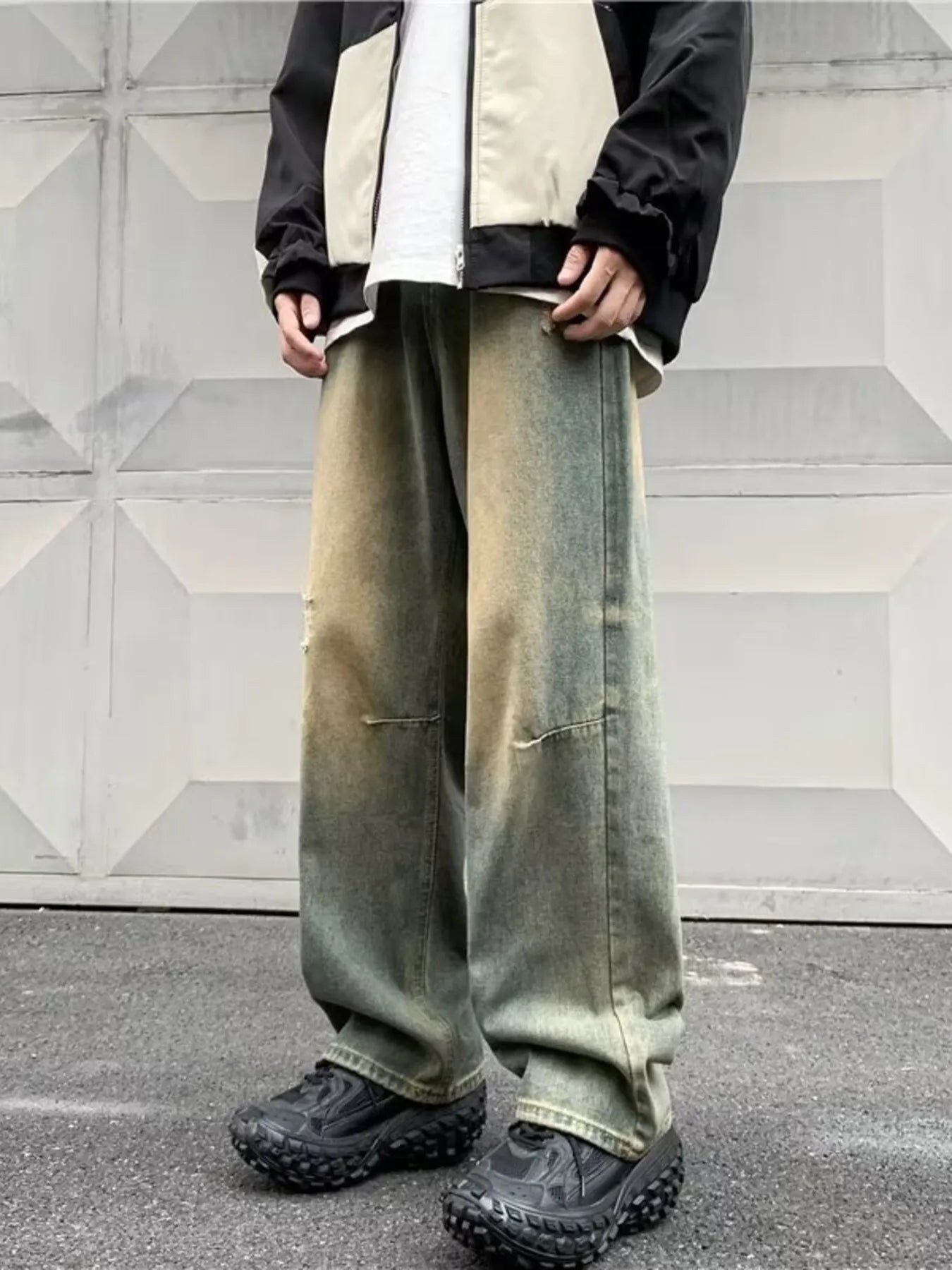 Rough Ripped Vintage Wash Wide Leg Jeans