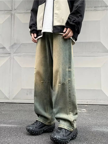 Rough Ripped Vintage Wash Wide Leg Jeans