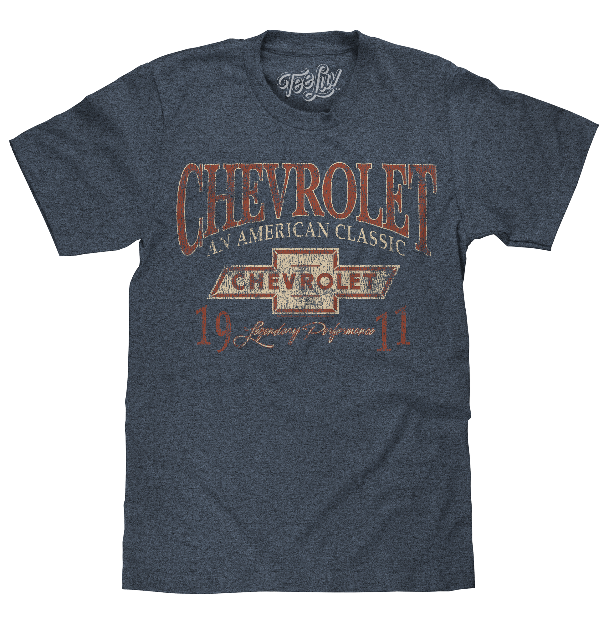 Front view of the Chevrolet t-shirt in indigo black heather with a graphic print.