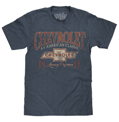 Front view of the Chevrolet t-shirt in indigo black heather with a graphic print.