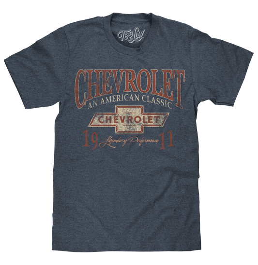 Front view of the Chevrolet t-shirt in indigo black heather with a graphic print.