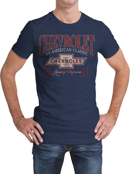 Lifestyle shot of a model wearing the navy Chevrolet t-shirt in a casual setting.