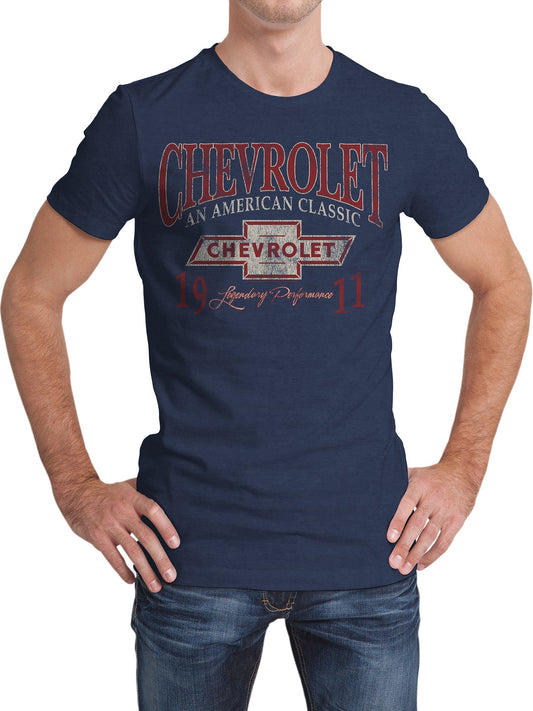 Lifestyle shot of a model wearing the navy Chevrolet t-shirt in a casual setting.