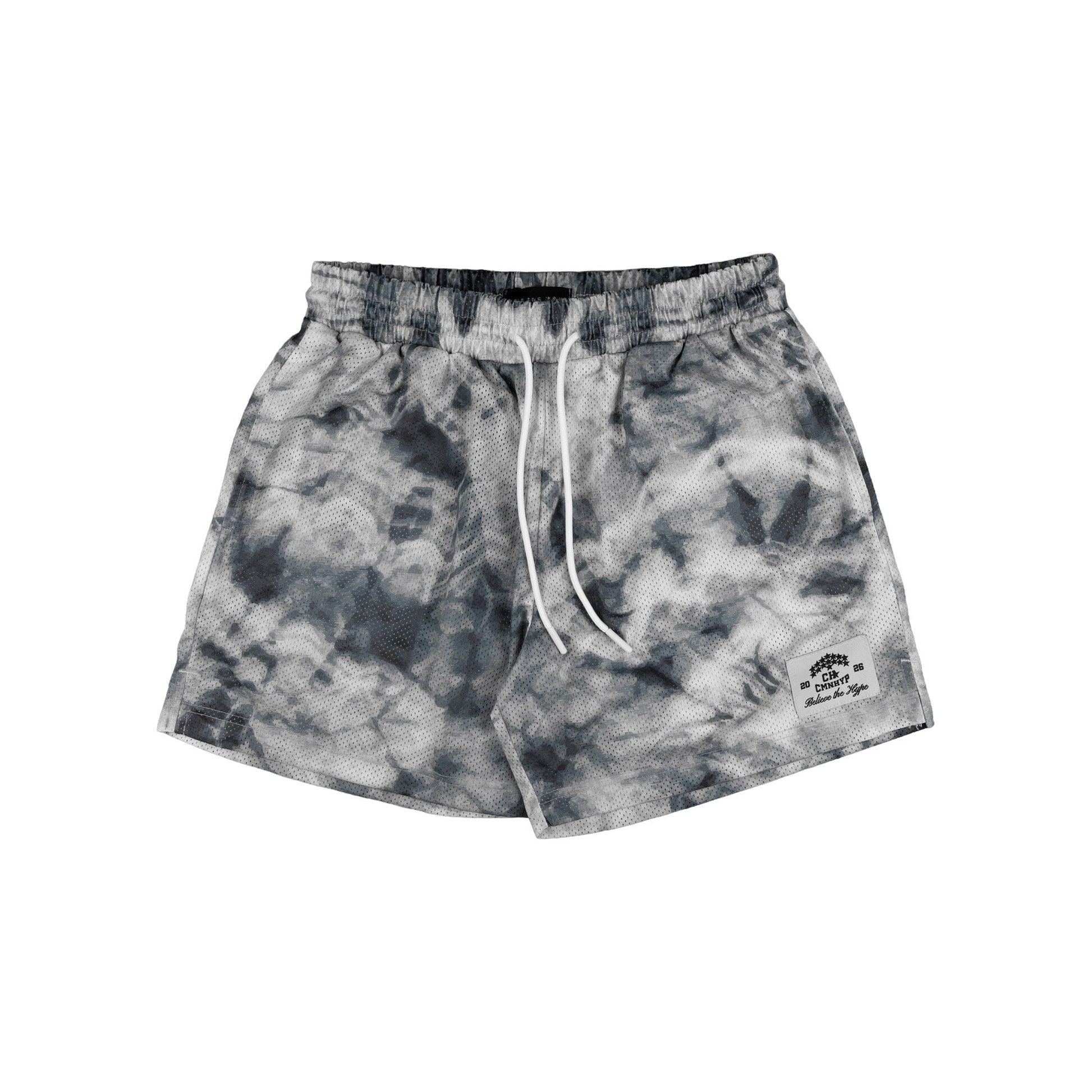 Front view of the tie-dye shorts in grey and black with a high-waisted design.