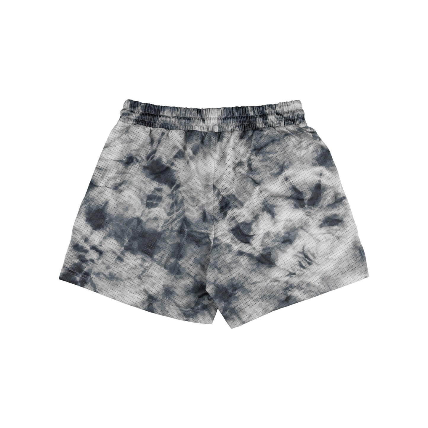 Front view of the tie-dye shorts in grey and black showcasing the high-waisted style.