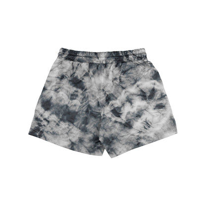 Front view of the tie-dye shorts in grey and black showcasing the high-waisted style.