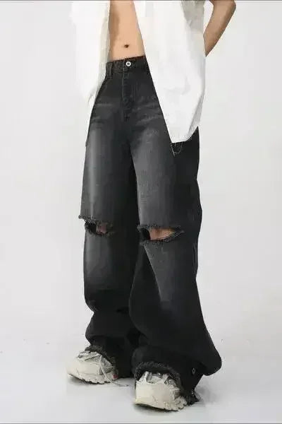 Side view of baggy light blue jeans in casual style.