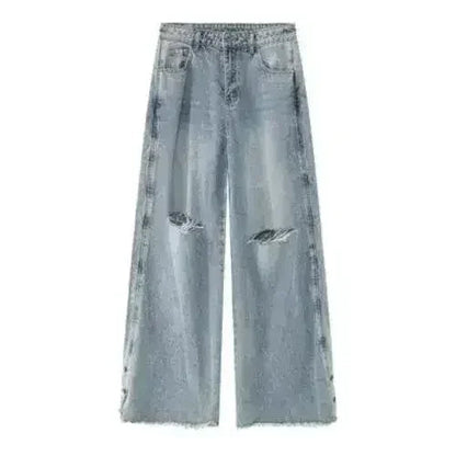 Front view of black jeans showcasing wide leg and distressed details.
