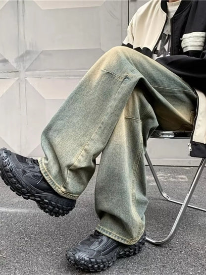 Rough Ripped Vintage Wash Wide Leg Jeans