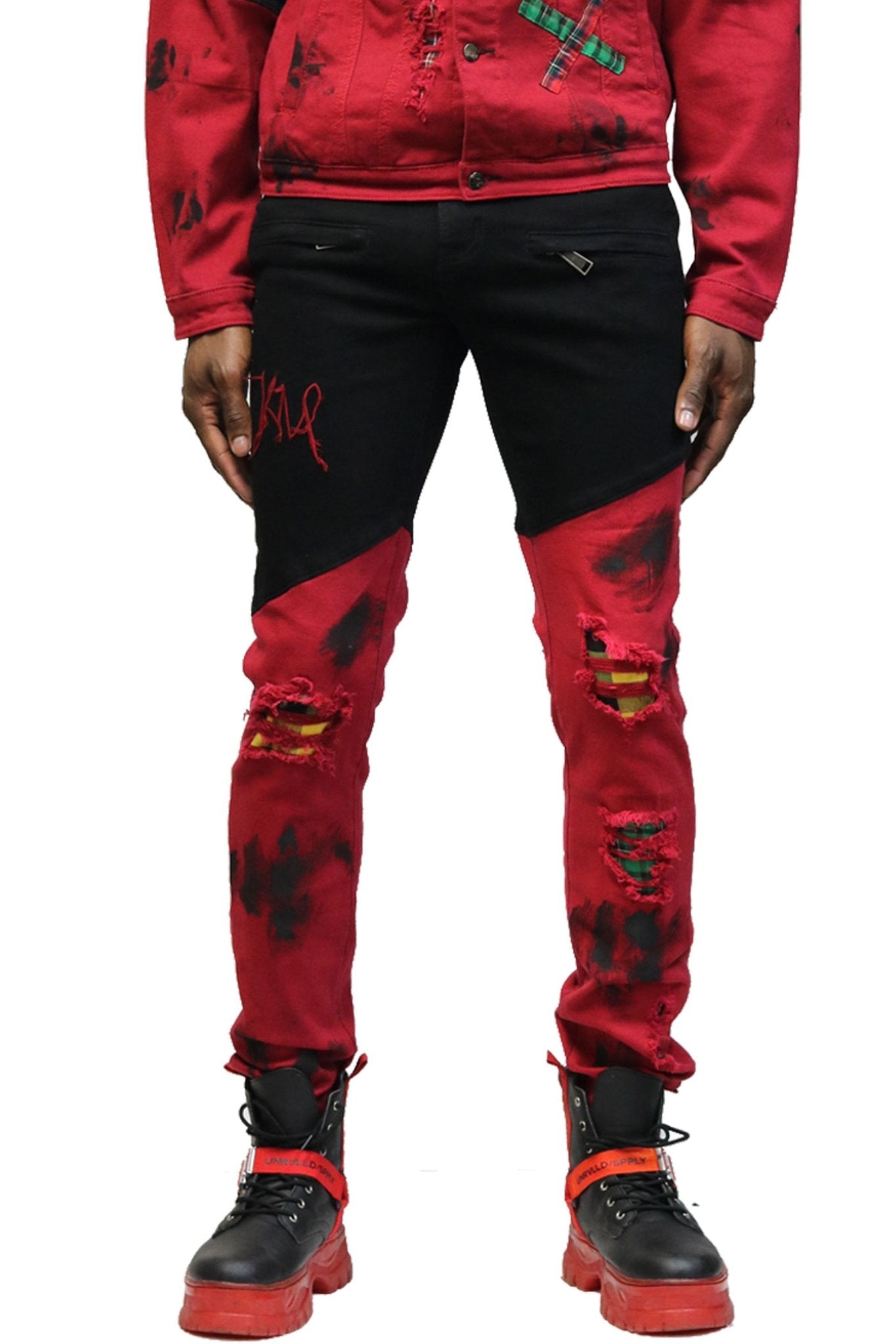 Front view of the black and camo washed skinny pants showcasing the unique two-tone design.