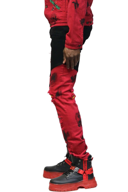 Side view of the black and camo washed skinny pants highlighting the skinny fit and two-tone design.