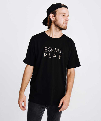 Front view of the black t-shirt with text print and short sleeves