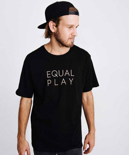 Side view of the black t-shirt showcasing text print and short sleeves