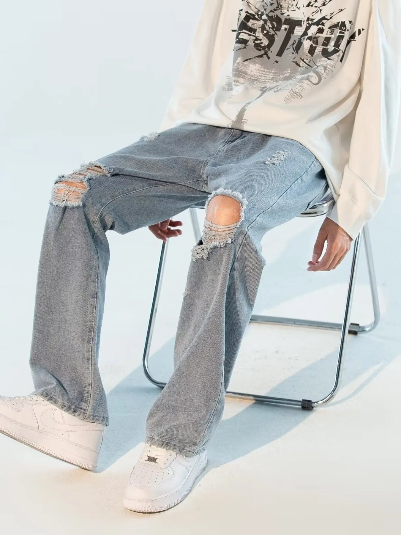 Rough Ripped Wide Leg Jeans