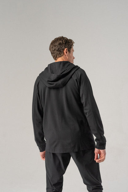 Back view of the black Fierce Hooded Jacket displaying the hood.