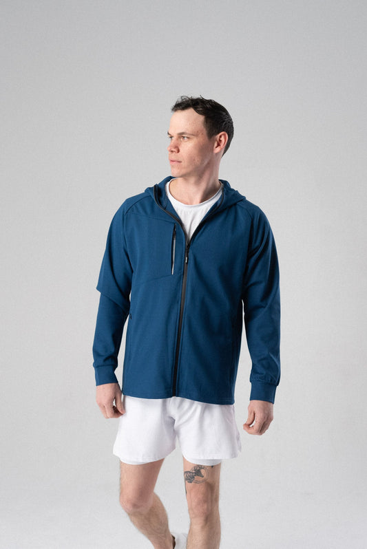 Fierce Hooded Jacket in cobalt blue, back view.