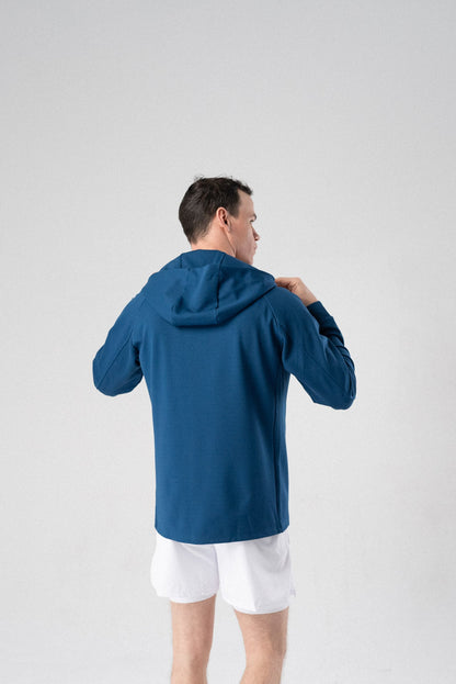 Fierce Hooded Jacket in cobalt blue, side view featuring a hood.