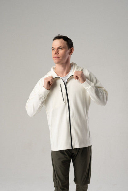 Back view of the white Fierce Hooded Jacket showcasing the hood.