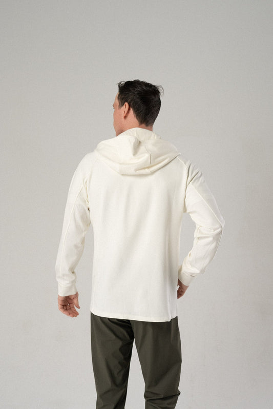 Detail view of the white Fierce Hooded Jacket highlighting textured fabric.