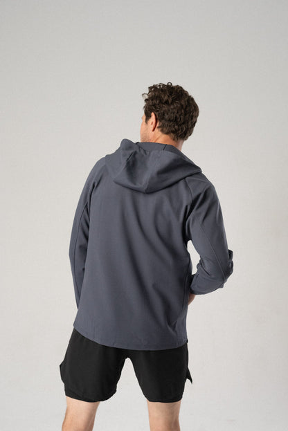 Front view of the white Fierce Hooded Jacket with zipper closure.