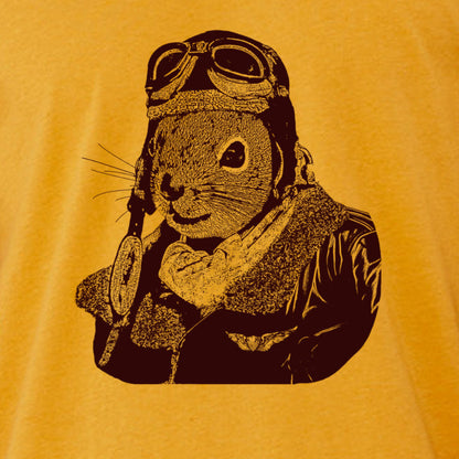Detail of the Flying Squirrel Pilot graphic with goggles and aviator jacket.