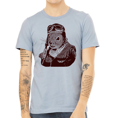 Lifestyle shot of the blue t-shirt with a graphic print.