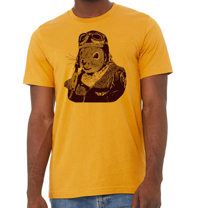 Lifestyle shot of the mustard t-shirt featuring a graphic print.