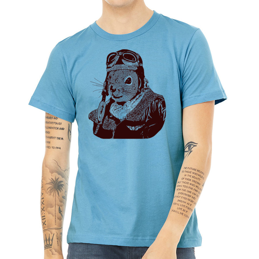 Studio shot of the blue t-shirt featuring a Flying Squirrel Pilot graphic.